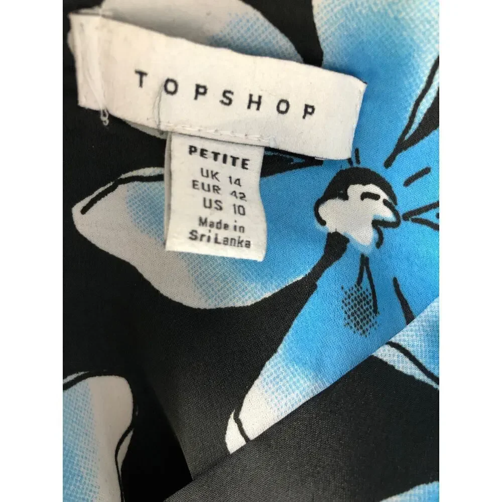 Topshop Dress Floral Print Puff Sleeve Cutout Back Mini Black Blue 10 Petite